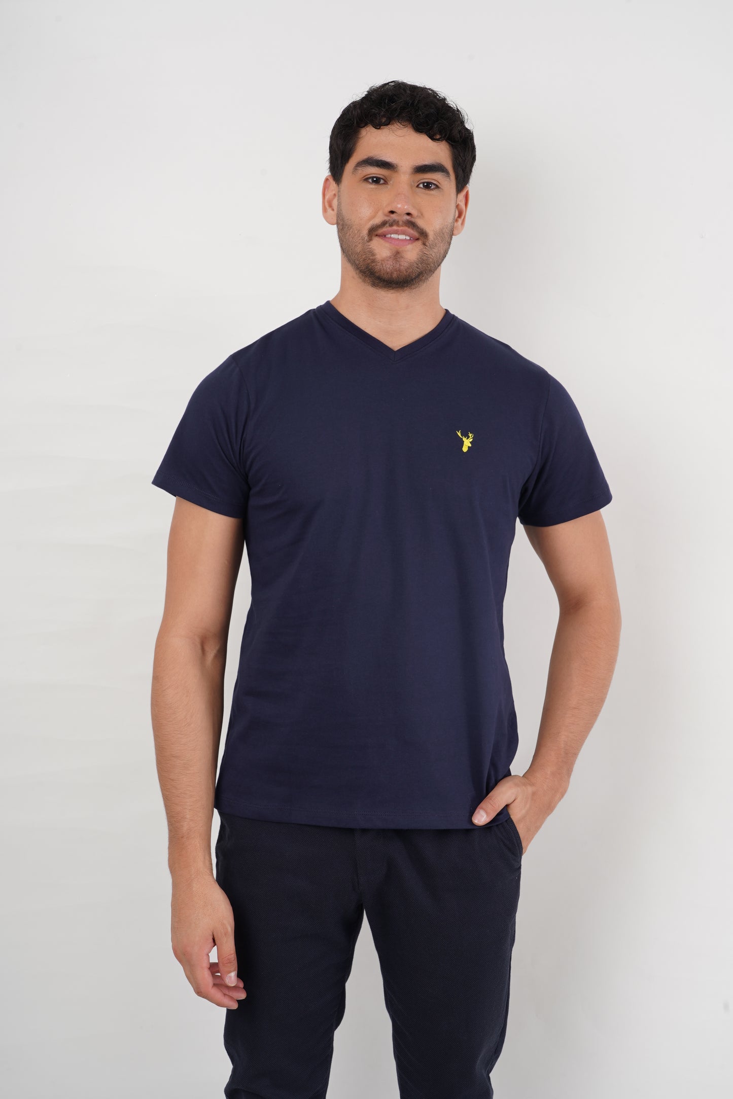3 - PACK Camisetas Negra-Azul-Rosada Slim Fit Cuello V